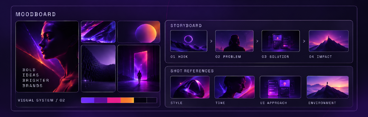 Moodboard, storyboard and shot references visual system